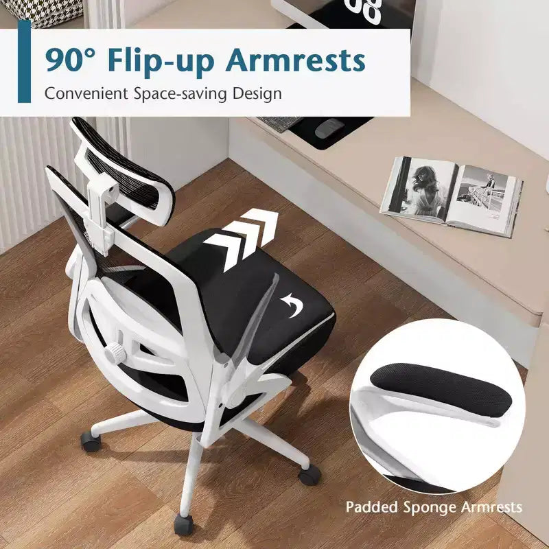 Silla ergonómica de oficina con soporte lumbar ajustable, respaldo reclinable, reposabrazos, color negro/blanco
