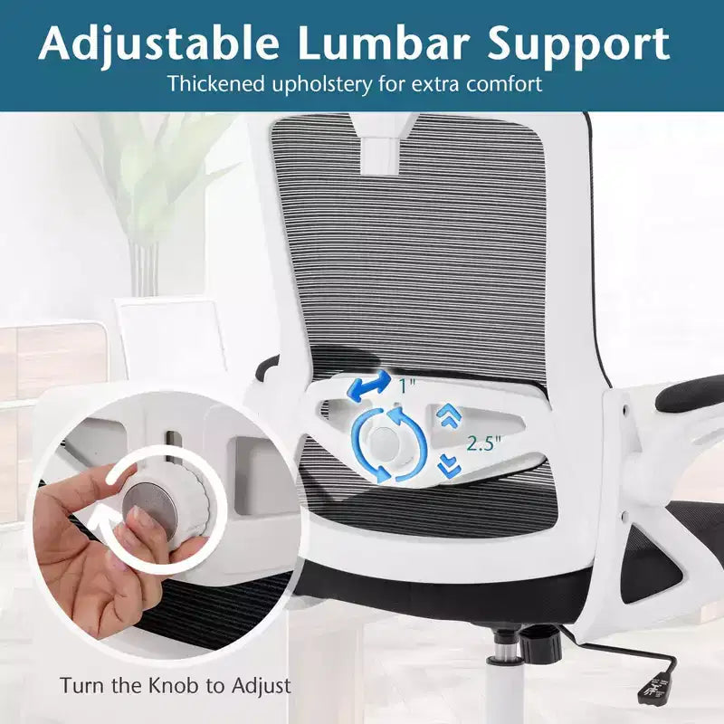 Silla ergonómica de oficina con soporte lumbar ajustable, respaldo reclinable, reposabrazos, color negro/blanco