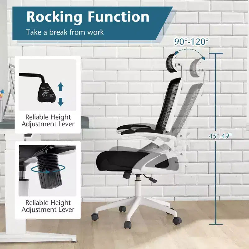 Silla ergonómica de oficina con soporte lumbar ajustable, respaldo reclinable, reposabrazos, color negro/blanco