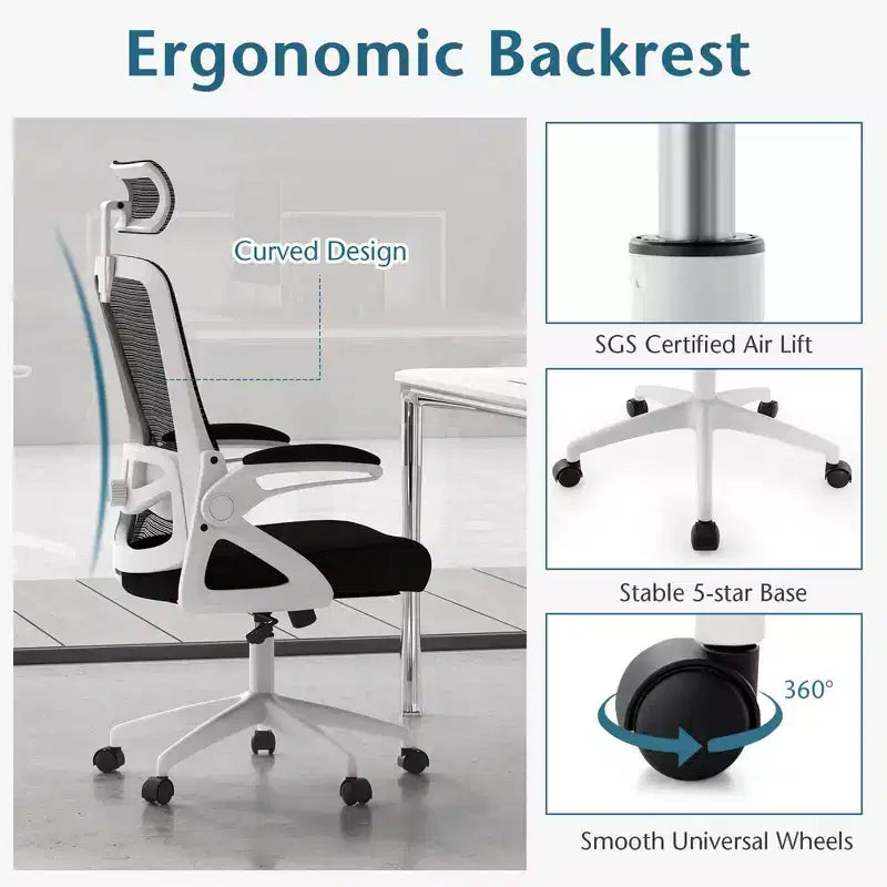 Silla ergonómica de oficina con soporte lumbar ajustable, respaldo reclinable, reposabrazos, color negro/blanco