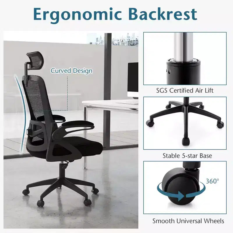 Silla ergonómica de oficina con soporte lumbar ajustable, respaldo reclinable, reposabrazos, color negro/blanco