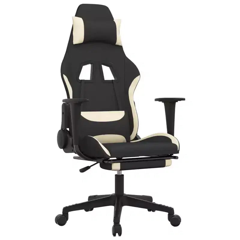 vidaXL Silla de Gaming de Masaje con Reposapiés, Negra y Crema, Tela