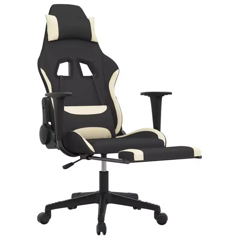 vidaXL Silla de Gaming de Masaje con Reposapiés, Negra y Crema, Tela