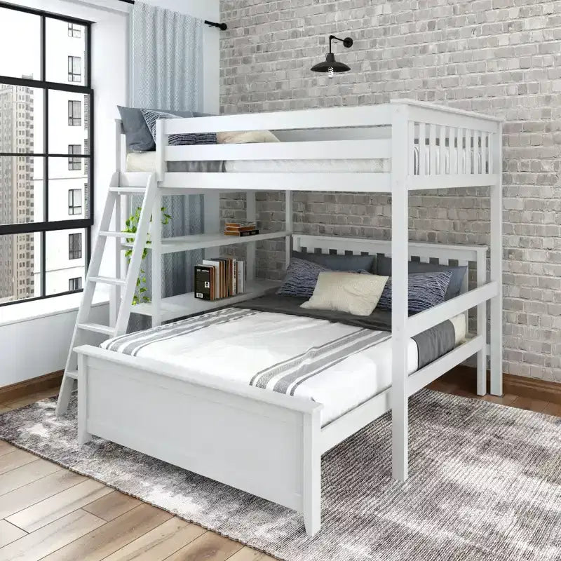 L-Shaped Full over Full Bunk Bed with Bookcase