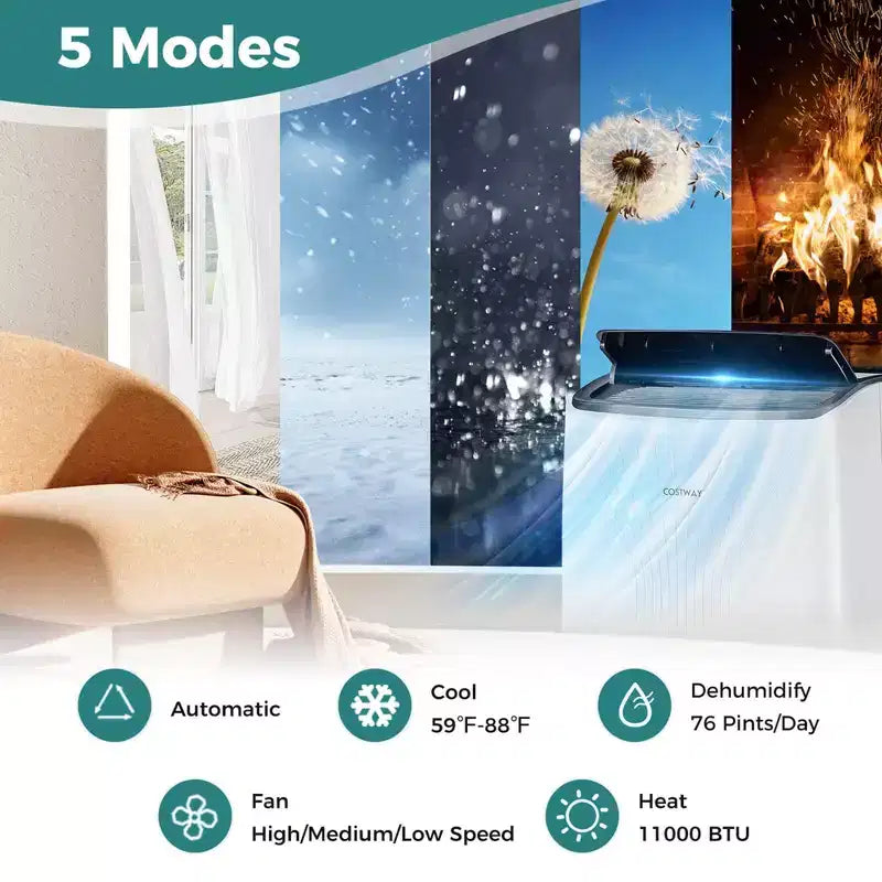 Climatiseur portable Costway 9200 BTU (14000 BTU ASHRAE) avec chauffage, unité de climatisation domestique intelligente compatible Wi-Fi
