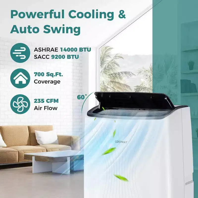 Climatiseur portable Costway 9200 BTU (14000 BTU ASHRAE) avec chauffage, unité de climatisation domestique intelligente compatible Wi-Fi