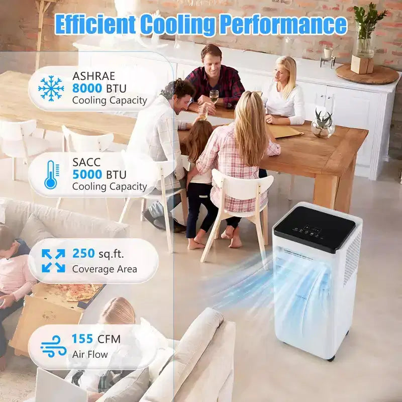 Climatiseur portable Costway 8000 BTU refroidit jusqu'à 23 m² avec ventilateur et déshumidificateur 5000 BTU (8000 BTU ASHRAE)