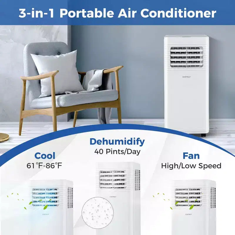 Climatiseur portable Costway 8000 BTU 3-en-1 avec ventilateur et déshumidificateur mode veille 5100 BTU (8000 BTU ASHRAE)