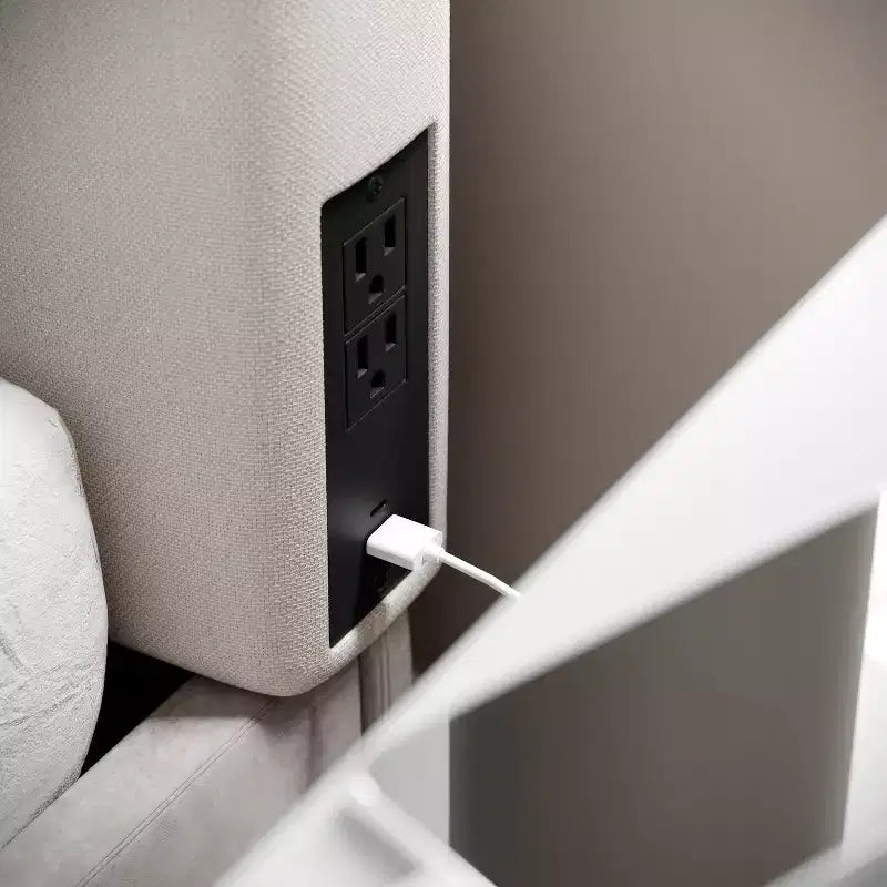 Flash Furniture Hugo Cabecero con 2 tomas de corriente, 1 puerto USB y 1 puerto USB tipo C con tapicería de lino sintético y doble opción para colgar