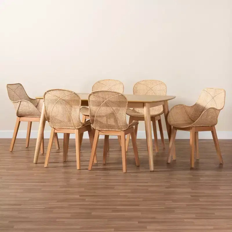 Juego de comedor de 7 piezas Emmali de ratán y madera estilo bohemio moderno de Baxton Studio
