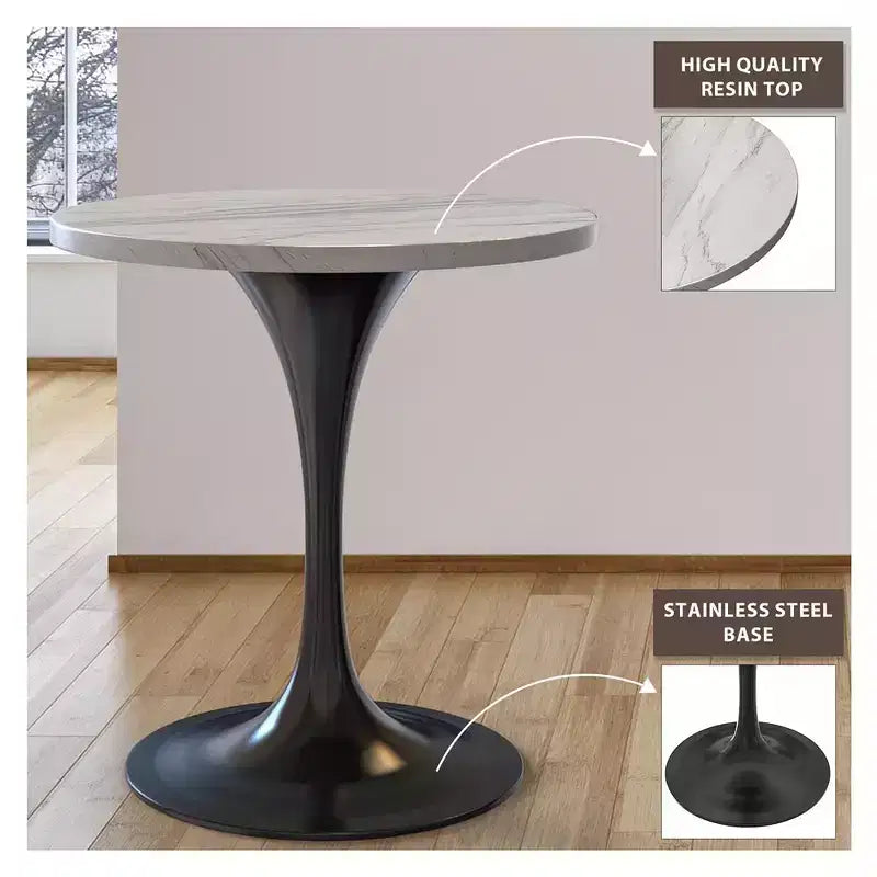 Mesa de comedor redonda LeisureMod Verve 36 - Mesa auxiliar moderna con tapa de resina y base de pedestal de acero negro para comedor y cocina contemporáneos