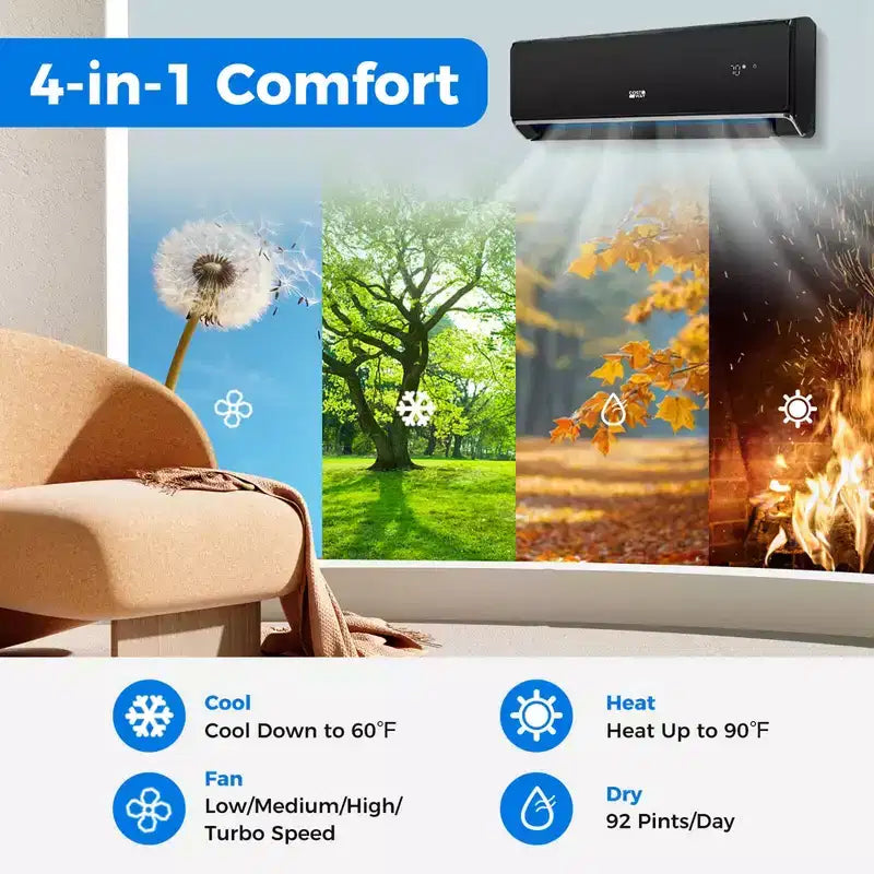 Climatiseur et Chauffage Mini Split Costway 24000 BTU avec Wifi et Pompe à Chaleur Noir/Blanc