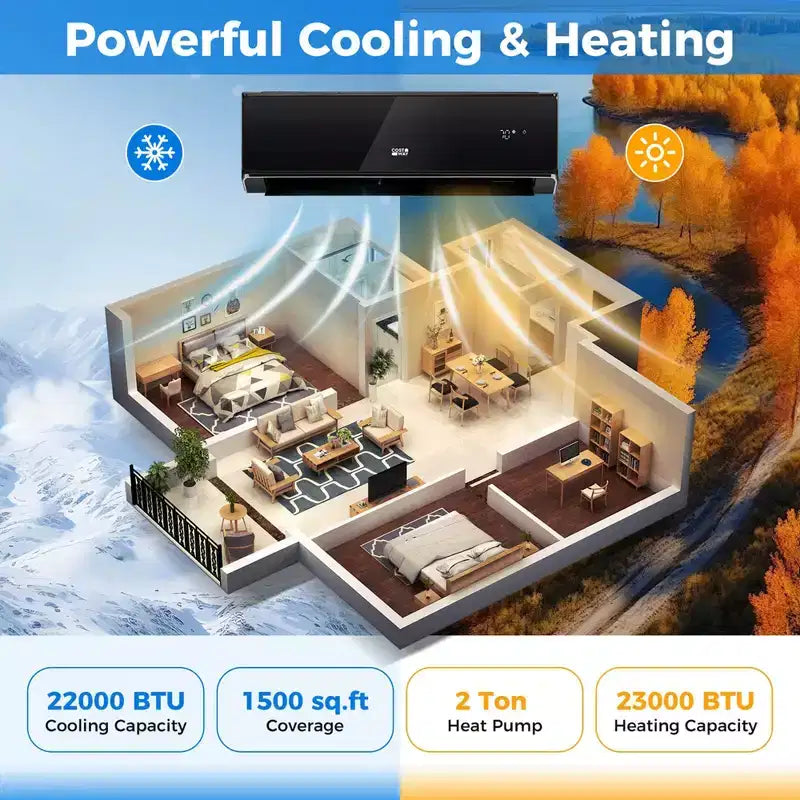Climatiseur et Chauffage Mini Split Costway 24000 BTU avec Wifi et Pompe à Chaleur Noir/Blanc