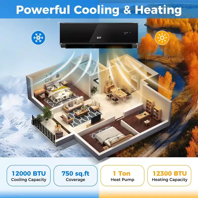 Climatiseur et Chauffage Mini Split Costway 12000 BTU avec Wifi et Pompe à Chaleur Noir/Blanc