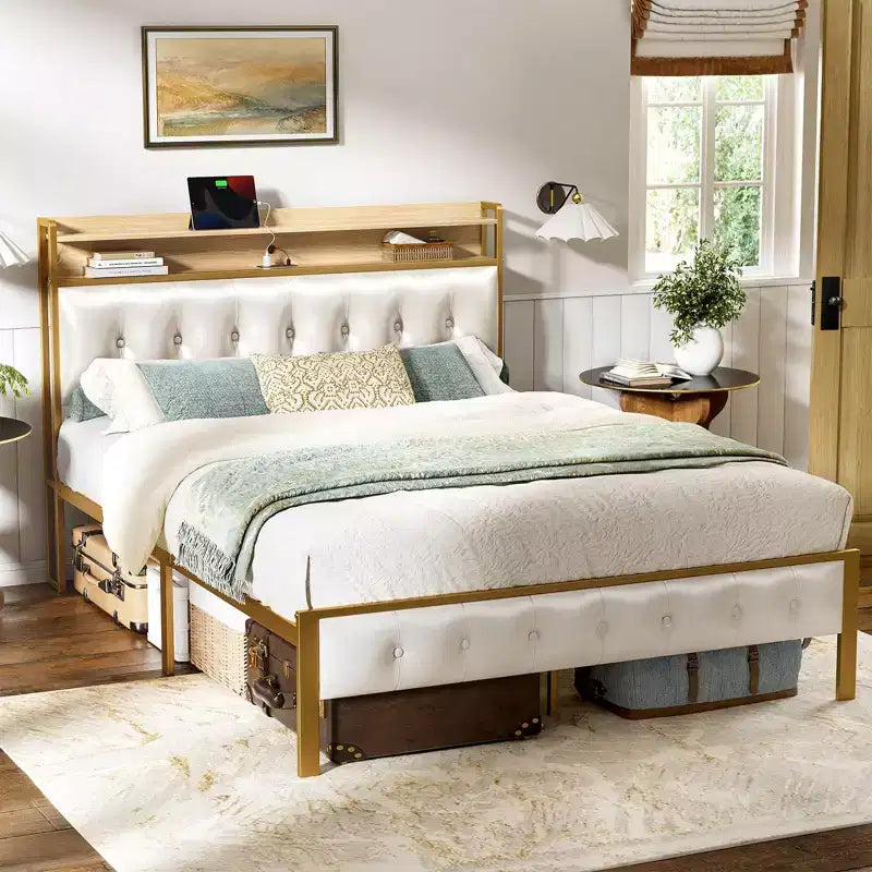 Base de cama tapizada Hausource blanca: cabecero con luces LED, puertos USB, no necesita somier