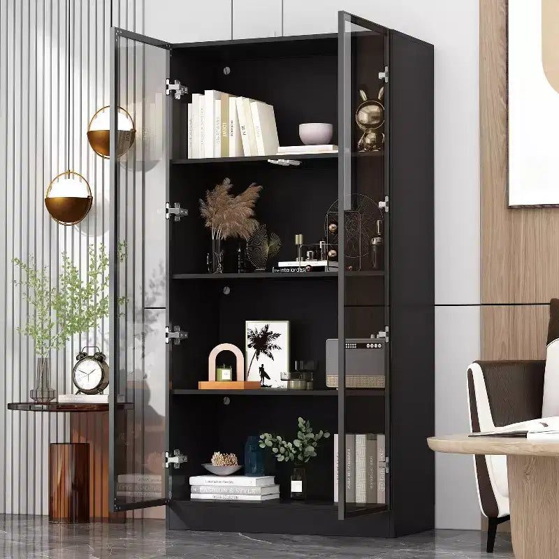 Vitrina Famapy, estantería multiusos con puertas de cristal y estantes, aparador con luz LED