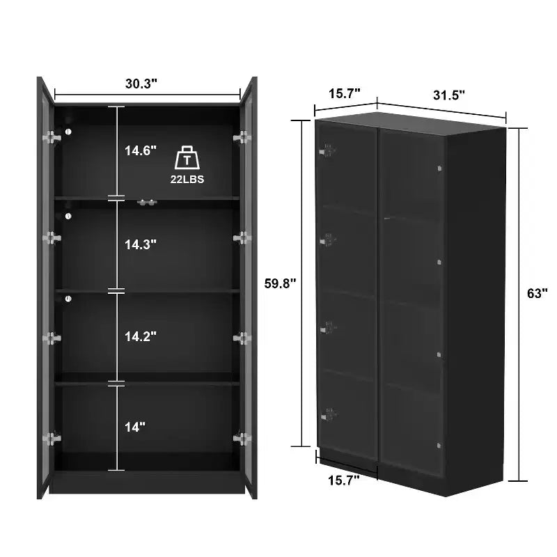 Vitrina Famapy, estantería multiusos con puertas de cristal y estantes, aparador con luz LED