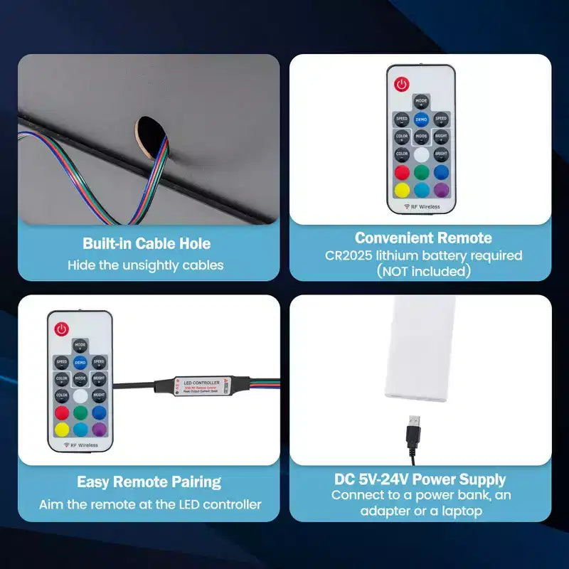 Costway Table de Chevet LED Lot de 1/2 avec 2 Tiroirs de Rangement Mode Lumière Réglable Télécommande