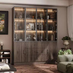 Famapy Brown Wood Display Cabinet With Glass Doors and LED Lights