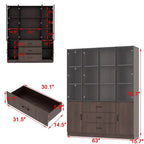 Mueble expositor de madera marrón con puertas de cristal y luces LED