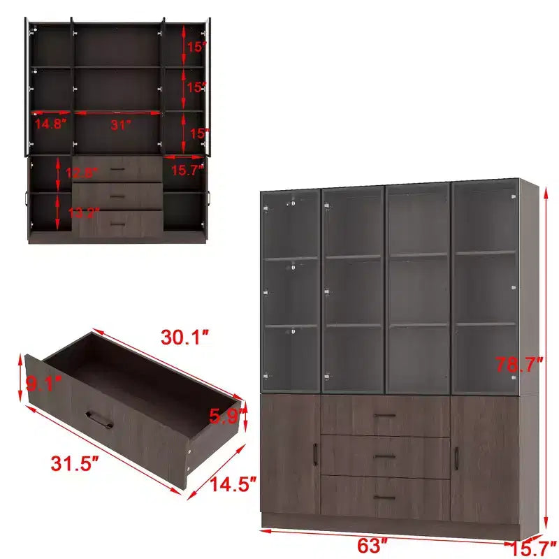 Mueble expositor de madera marrón con puertas de cristal y luces LED