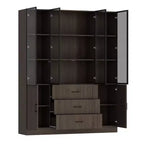 Mueble expositor de madera marrón con puertas de cristal y luces LED