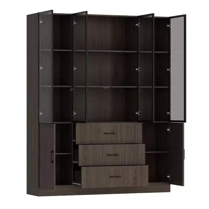 Mueble expositor de madera marrón con puertas de cristal y luces LED