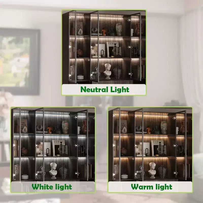 Mueble expositor de madera marrón con puertas de cristal y luces LED