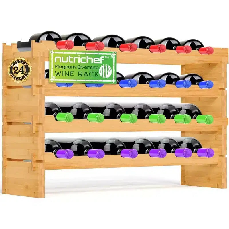 NutriChef SLWMDMG90 4-Tier Bamboo Wine Rack for Storage with Sturdy Wobble-Free Design, Natural Finish, Holds 24 Bottles