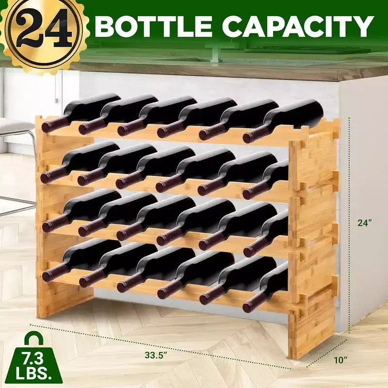 Botellero de bambú de 4 niveles para almacenamiento con diseño resistente y sin tambaleo, acabado natural, con capacidad para 24 botellas
