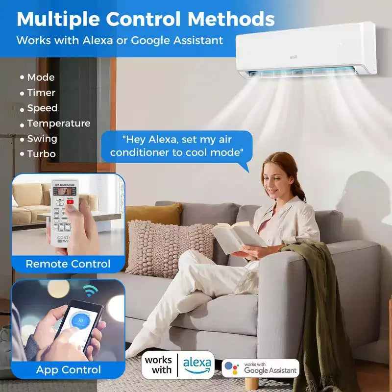 Climatiseur et Chauffage Mini Split Costway 18000 BTU avec Wi-Fi et Pompe à Chaleur Blanc/Noir