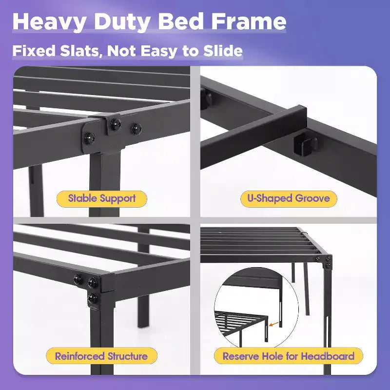 Base de cama metálica FDW de 18 pulgadas de altura con máxima capacidad de almacenamiento debajo de la base de cama resistente, no requiere somier, sin ruidos