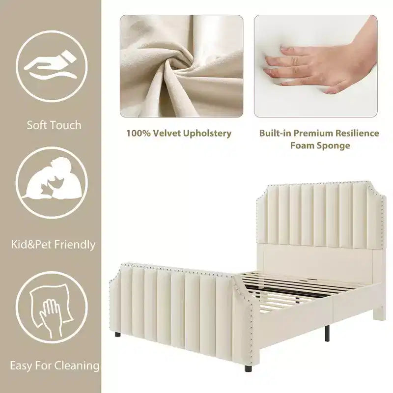 Base de cama Whizmax con cabecero de 50.2", tapizado en terciopelo con canales verticales, no requiere somier