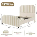 Base de cama Whizmax con cabecero de 50.2", tapizado en terciopelo con canales verticales, no requiere somier