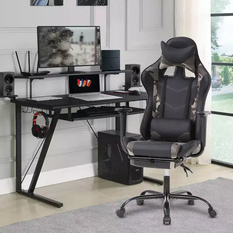 Silla para videojuegos FDW Racing, sillas para videojuegos con escritorio para computadora, cuero de PU, reposacabezas, soporte lumbar y asiento giratorio de 360 grados