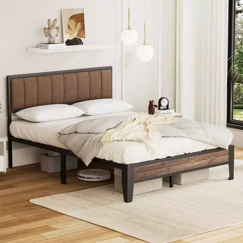 Lusimo Full Metal Platform Bed Frame with Fabric Upholstered Headboard Easy Assembly