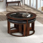 Mesa de centro de madera maciza con tapa de cristal y taburetes